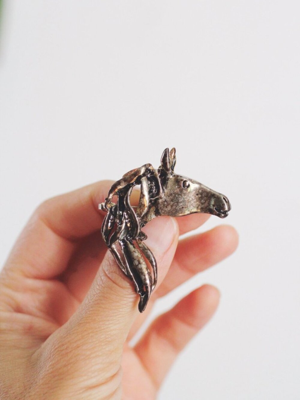 Vintage Silver Horse Head Brooch Pin Pendant Equestrian Jewelry Brutalist Sculpt